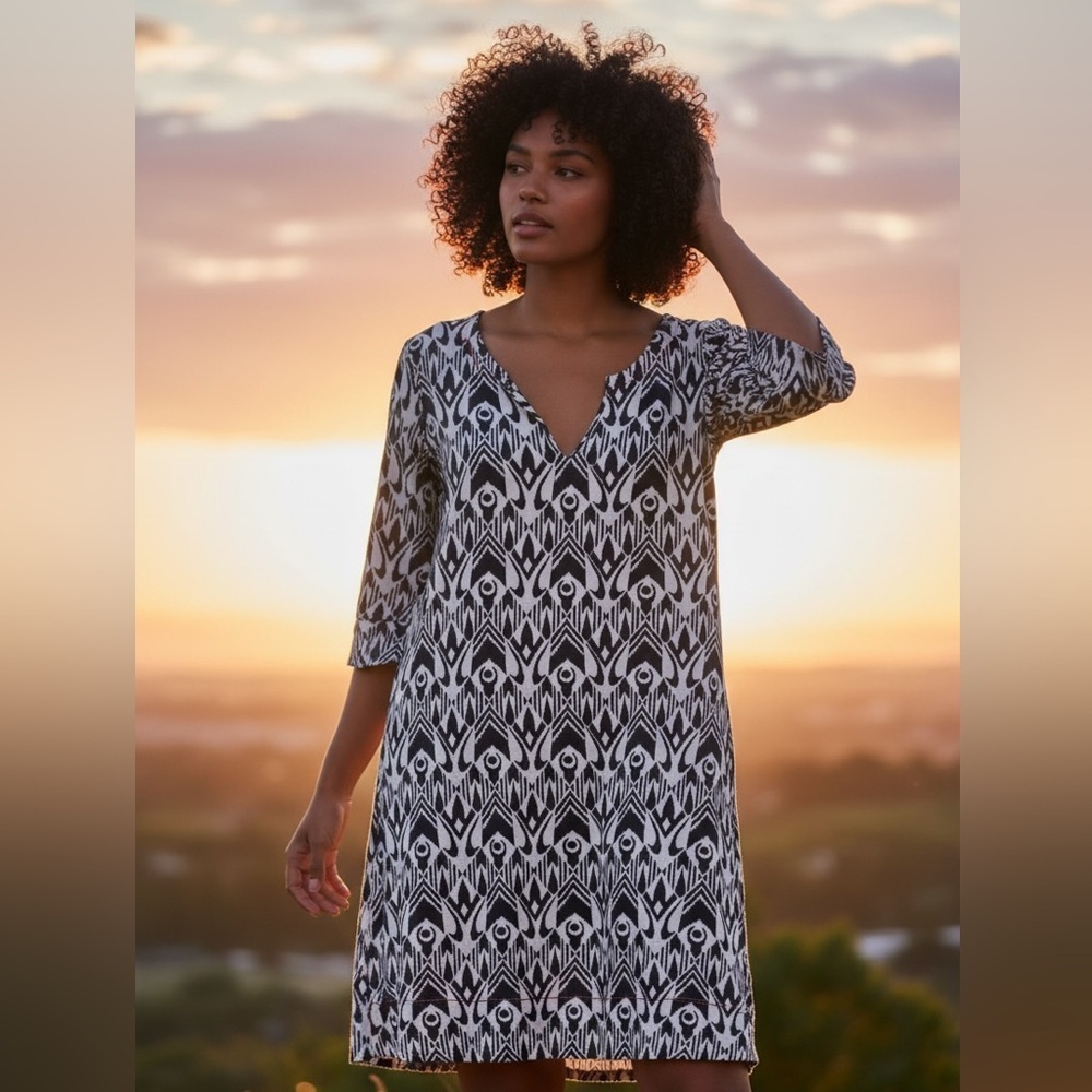 Hatley NWOT 100% cotton, Loose Fitting Summer Dress Navy Blue White, 3/4 Sleeve